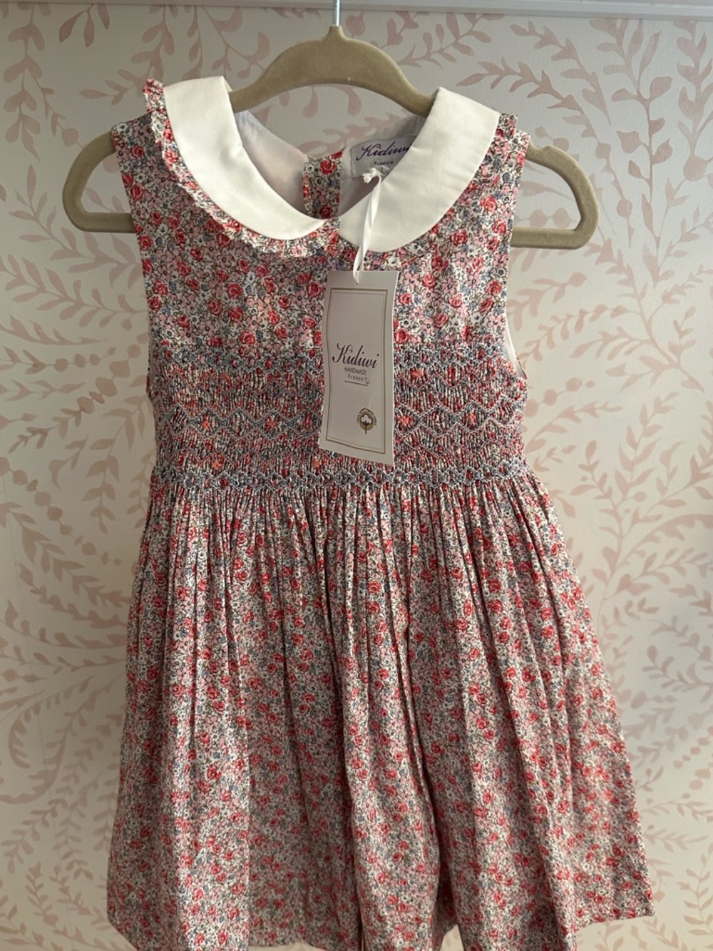Floral Smocked Dress with White Peter Pan Collar - Pink/White